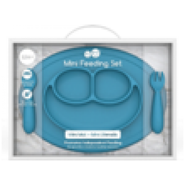 Mini Mat 矽膠迷你笑臉餐碟+餐具套裝 - 彩藍